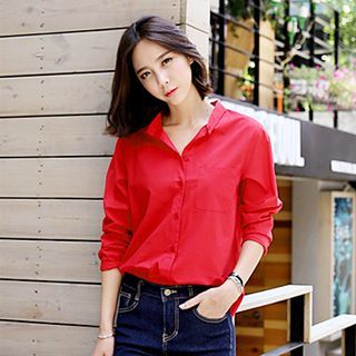 Seoul Fashion Mandarin-Collar Pocket-Front Shirt