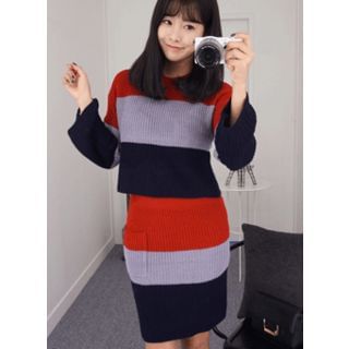 HOTPING Set: Color-Block Knit Top + Pencil Skirt