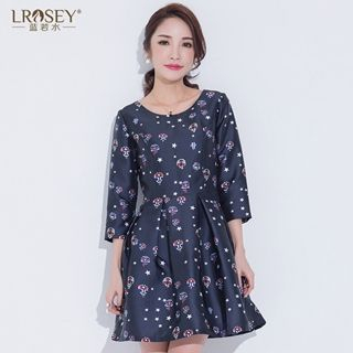 LROSEY 3/4-Sleeve Printed Pleated A-Line Dress