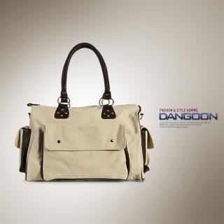 Faux-Leather Trim Canvas Satchel