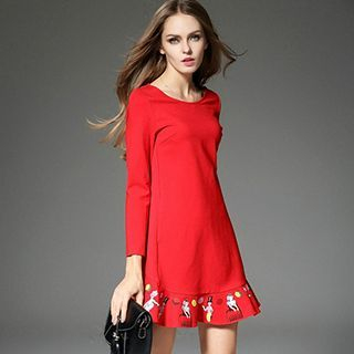 Queen Mulock Long-Sleeve Embroidered Ruffled Dress