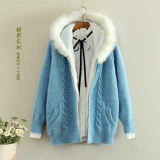 Storyland Faux-Fur Hooded Cable-Knit Cardigan