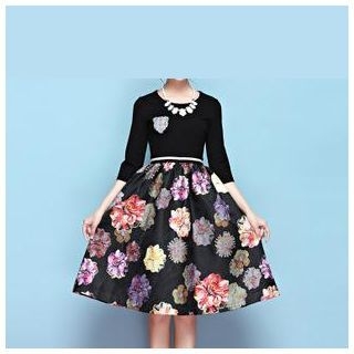 Strawberry Flower Elbow-Sleeve Flower Print A-Line Dress