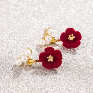 Floral Flocking Faux Pearl Alloy Drop Earring