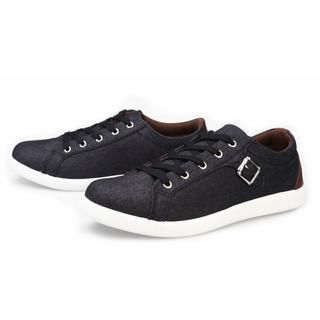 K-Style Faux-Leather Panel Buckled Denim Sneakers