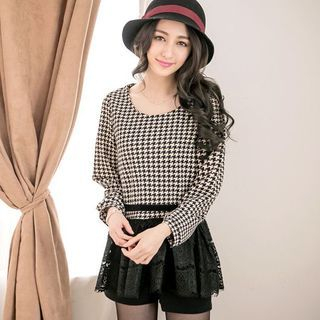 Tokyo Fashion Long-Sleeve Houndstooth Lace Hem Top
