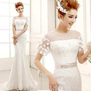Angel Bridal Short-Sleeve Embellished Lace Mermaid Wedding dress