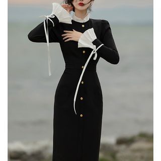 Long-Sleeve Contrast Panel Midi Bodycon Dress