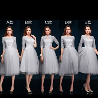 Luxury Style Elbow-Sleeve Lace Panel Bridesmaid Dress