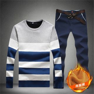 Alvicio Set: Fleece-lined Stripe Long-Sleeve T-shirt + Pants