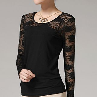 Fashion Street Lace Panel Long-Sleeve T-Shirt