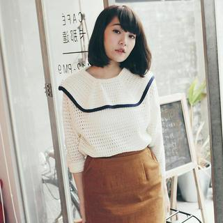 Tokyo Fashion Piped Cape-Collar Pointelle Knit Top
