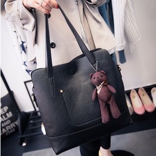 Rosanna Bags Set: Faux Leather Tote + Cosmetic Pouch + Bear Charm