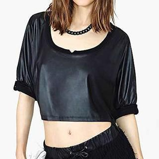 Richcoco Elbow-Sleeve Cropped Faux Leather Top