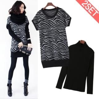 Set Zebra Pattern Knit Dress Turtleneck Top