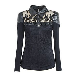 Flore Faux-Leather-Panel Lace Blouse