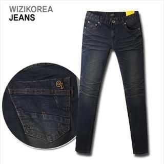 WIZIKOREA Washed Embroidered Skinny Jeans