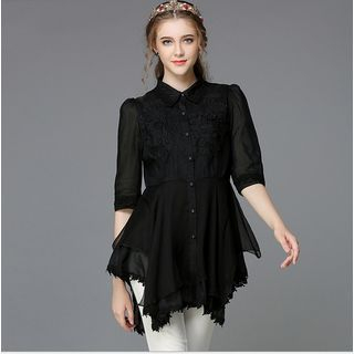Ovette 3/4-Sleeve Lace Asymmetric Trim Shirt Dress