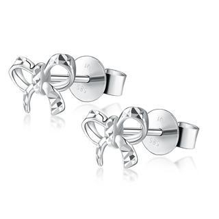 MaBelle 14K Italian White Gold Bow Knot Diamond-Cut Stud Earrings, Women Girl Jewelry in Gift Box