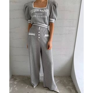 Set: Puff-Sleeve Square-Neck Lettering Contrast Trim Top + High-Waist Wide-Leg Pants