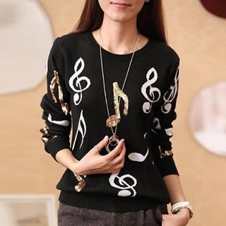 Cotton Candy Musical Note Sequined Sweater