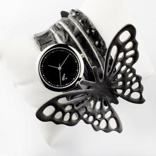 Black Leather Strap with Butterfly Charm Strap Watch
