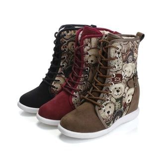 BAYO Bear Printed Lace Up Mid-calf Boots