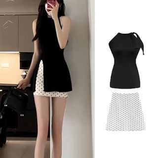 Sleeveless Round Neck Plain Top / High Waist Dotted Mini Pencil Skirt / Set