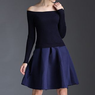 Kotiro Inset Off-Shoulder Knit Top A-Line Dress