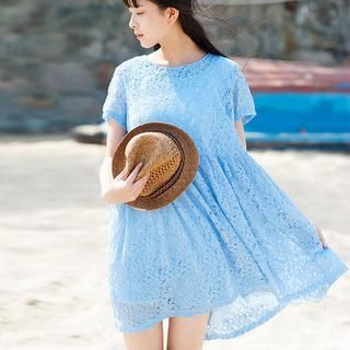 Q Four Short-Sleeve Lace Perforated A-Line Dress