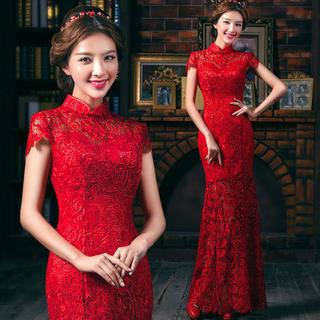 Royal Style Cap-Sleeve Mandarin Collar Lace Sheath Evening Gown