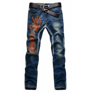 Free Shop Contrast-Trim Printed Washed Jeans