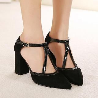 Mancienne Pointy-Toe Buckled Chunky Heels