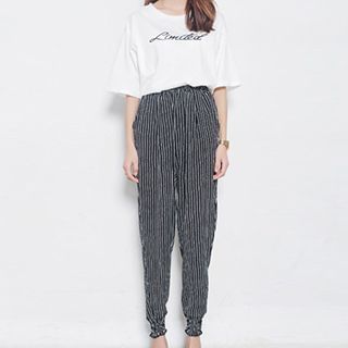 Nanta Cropped Striped Gather Cuff Pants