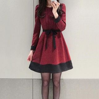 HEROWAN Long-Sleeved Tie-Sash Dress