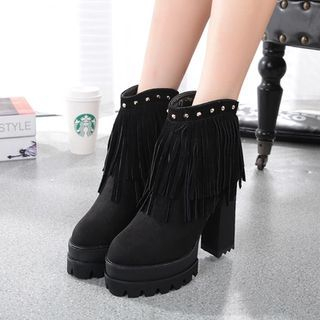 Forkix Boots Studded Fringed Chunky Heel Platform Ankle Boots