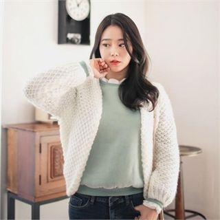 QNIGIRLS Wool Blend Waffle-Knit Cardigan