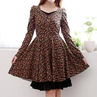 Dowisi Puff-Sleeve Floral A-Line Dress