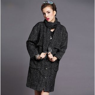 Ovette Button-Front Long Coat with Scarf