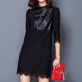 lilygirl Faux Leather Panel Long-Sleeve Lace Dress