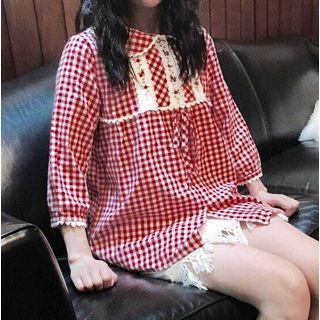 Moricode Plaid Peter Pan Collar Babydoll Blouse Check - Red & White - One Size