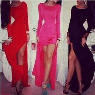 Onayaya Long-Sleeve Slit-Side Plain Maxi Dress