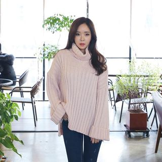 Envy Look Turtle-Neck Loose-Fit Ribbed Knit Top
