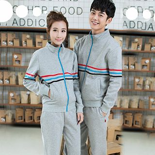 Lovebirds Set: Couple Contrast-Stripe Zip Jacket + Plain Pants