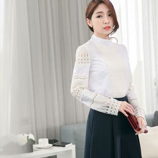 Tokyo Fashion Lace Panel Stand Collar Blouse White - One Size