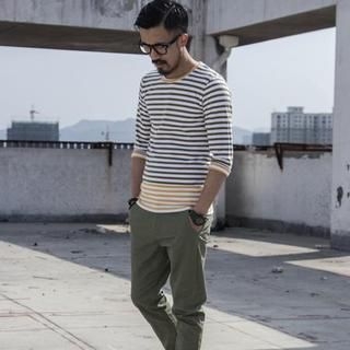 YIDESIMPLE 3/4-Sleeve Striped T-Shirt