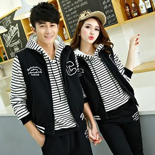 Lovebirds Set: Couple Striped Hooded Top + Vest + Pants