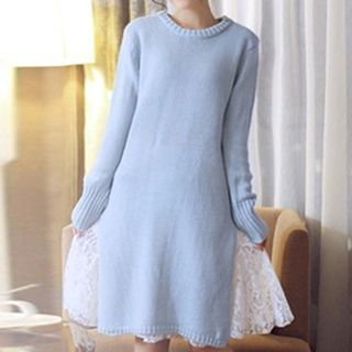 Jiuni Set: Stand Collar Slit Knit Dress + Lace Slipdress