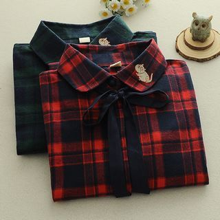 Storyland Tie-Neck Embroidered Plaid Long Shirt