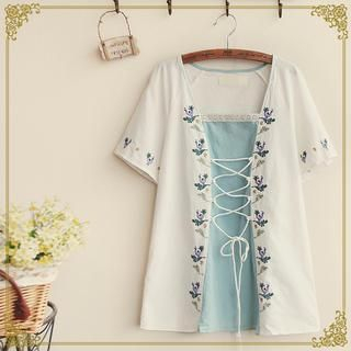 Fairyland Short-Sleeve Embroidered Lace-Up Top